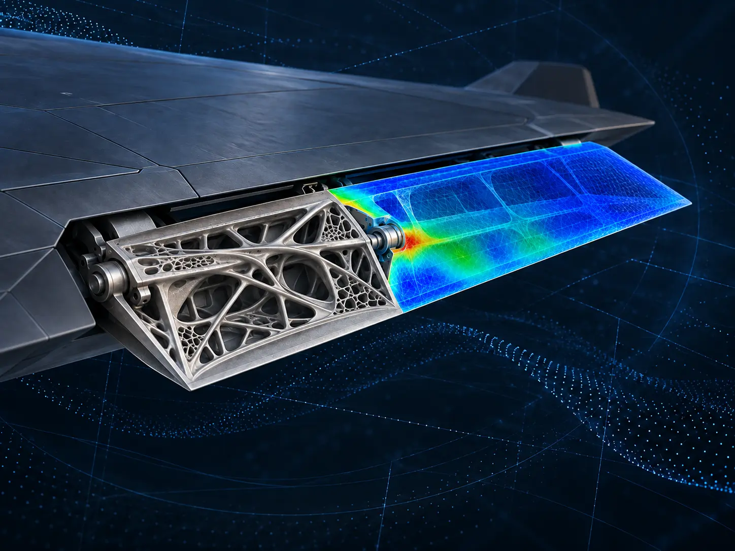Visualizzazione concettuale di un flap su ala a delta: metà prototipo AM con struttura interna ottimizzata e lattice a densità variabile, metà modello virtuale con mappa delle tensioni equivalenti di Von Mises